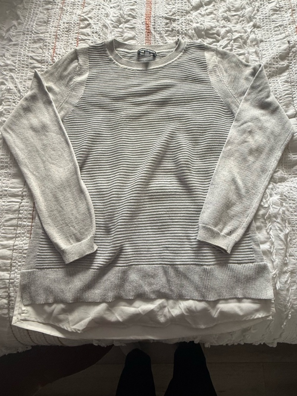 Hilary Radley Light Gray Layered Knit Long Sleeve Top